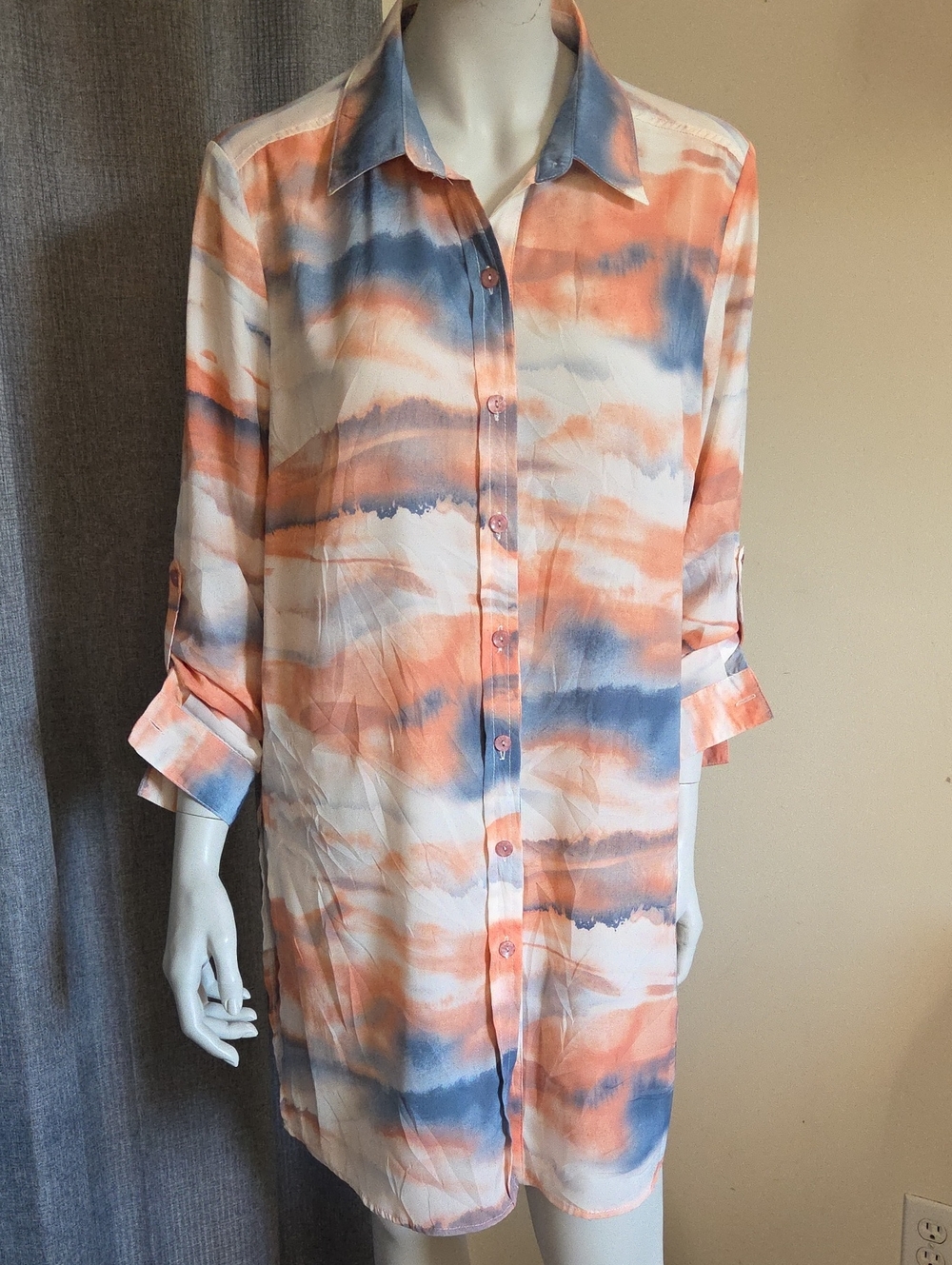 Laffaire Semi-Sheer Ocean & Sunset Watercolor Shirt Dress In Peach & Blue